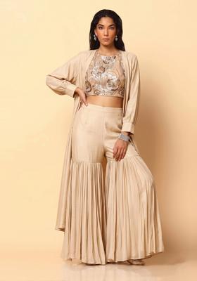 Beige Embroidered Net Sharara Set
