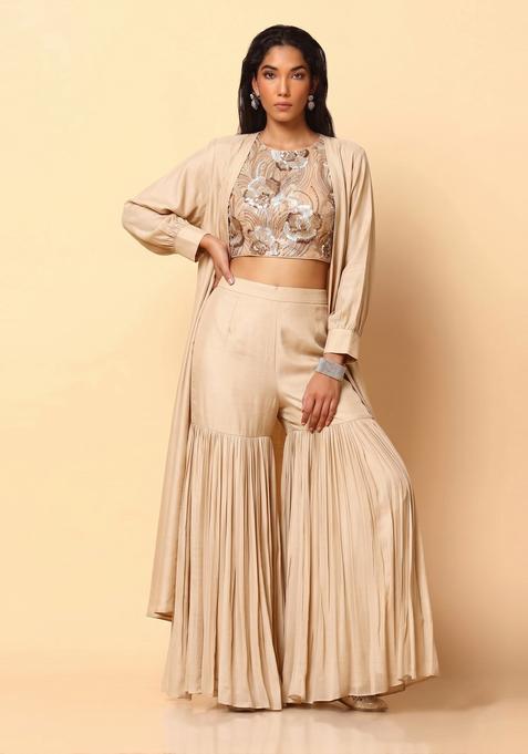 Beige Embroidered Net Fusion Set