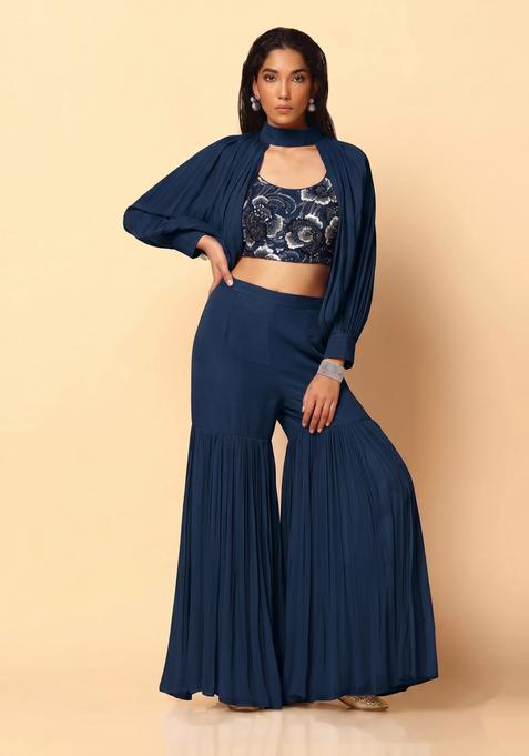 Navy Blue Embroidered Net Fusion Set