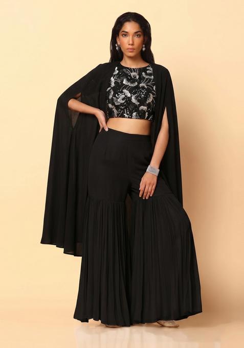 Black Embroidered Net Fusion Set