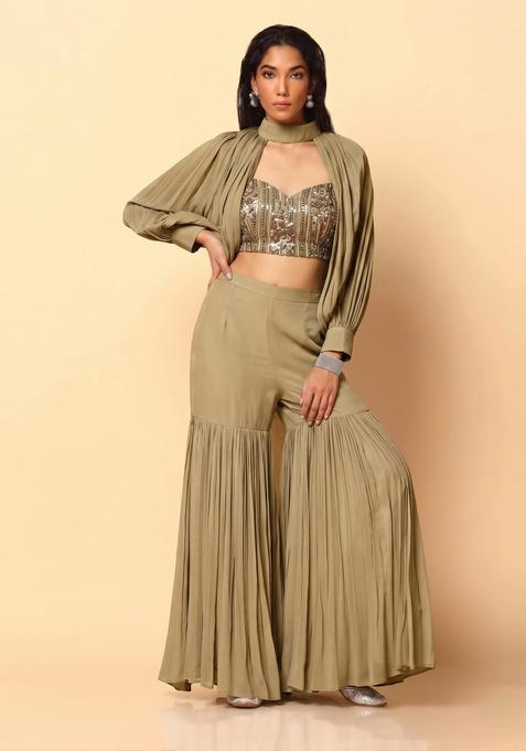 Olive Green Embroidered Net Fusion Set