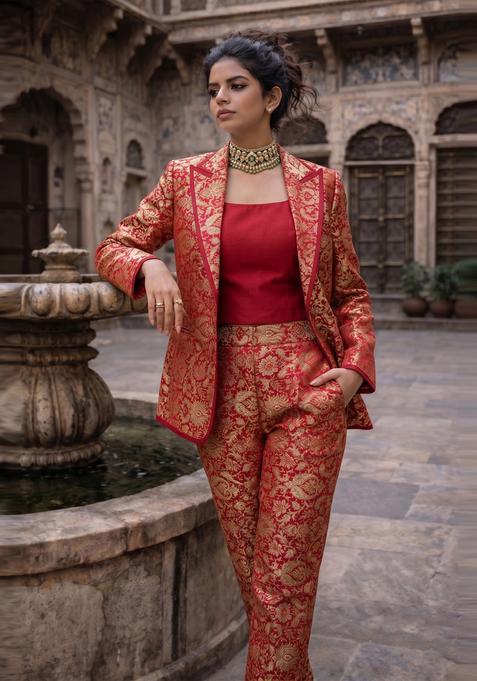 Crimson Red Brocade Fusion Set