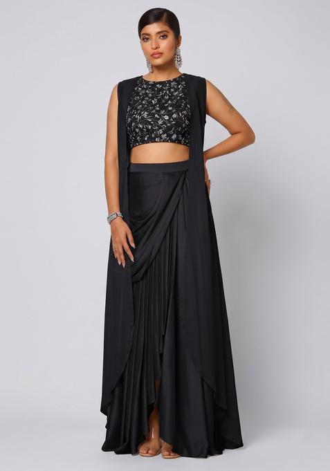 Black Embroidered Net Fusion Set