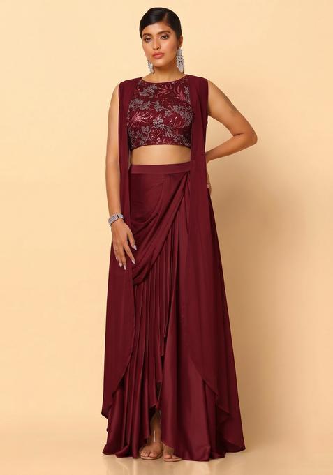 Deep Red Embroidered Net Fusion Set