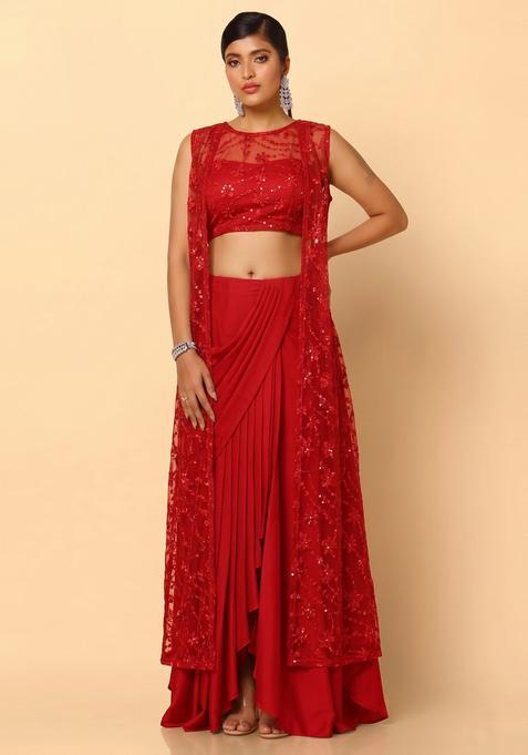 Crimson Red Embroidered Net Fusion Set
