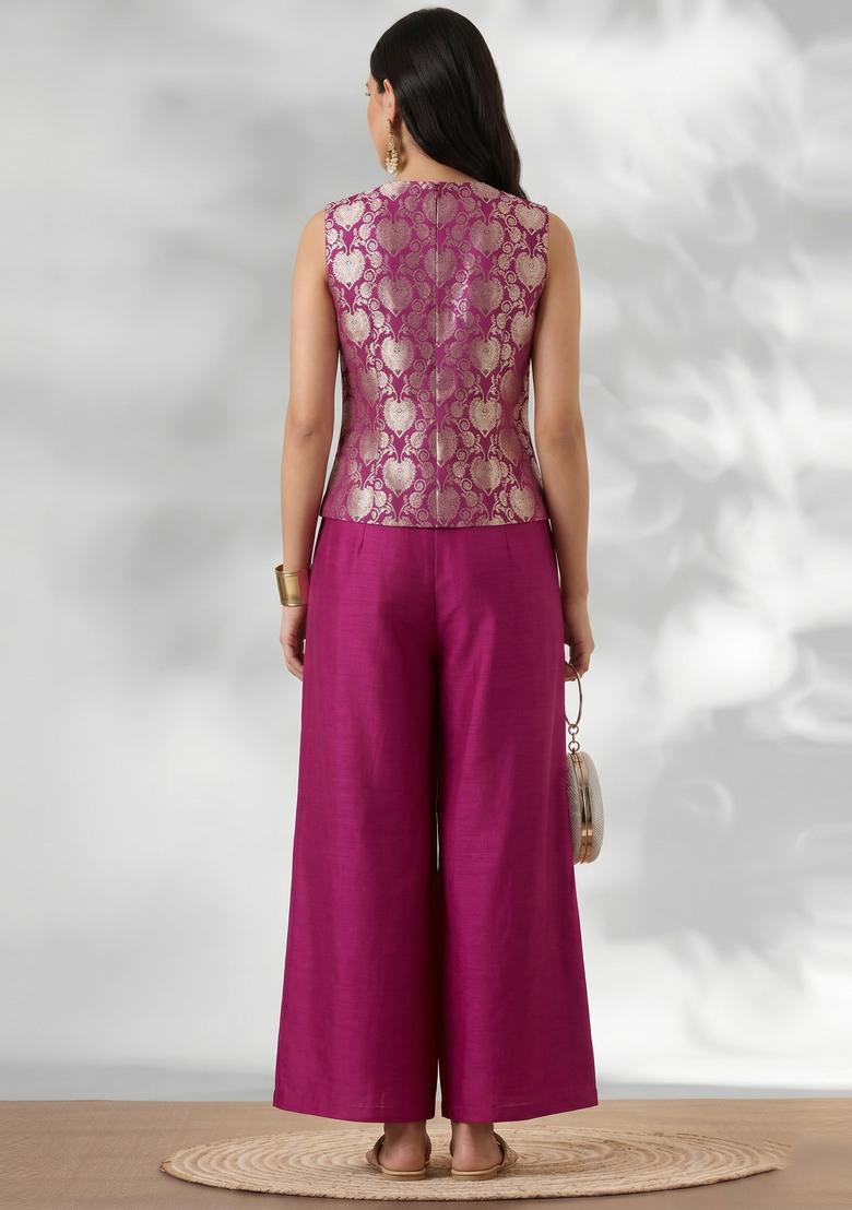 Magenta Embroidered Silk Fusion Set - Indya