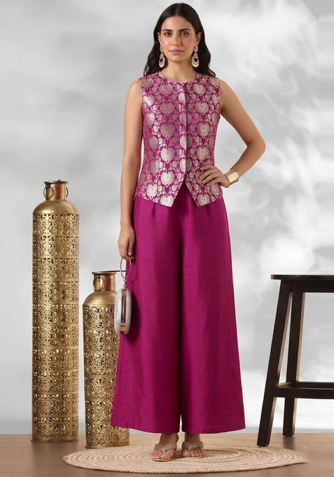 Magenta Embroidered Silk Fusion Set