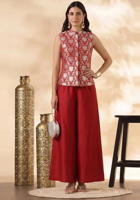 Crimson Red Embroidered Silk Fusion Set