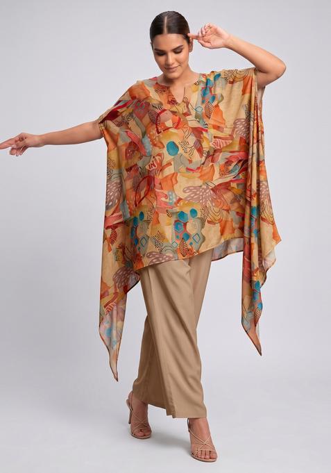Beige Printed Crepe Fusion Set