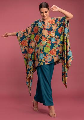 Teal Printed Crepe Fusion Set