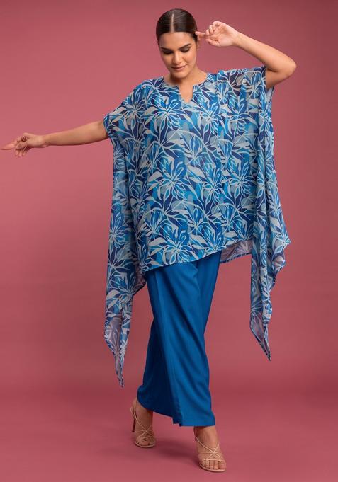 Royal Blue Printed Crepe Fusion Set