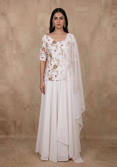 Off White Embroidered Crepe Fusion Set