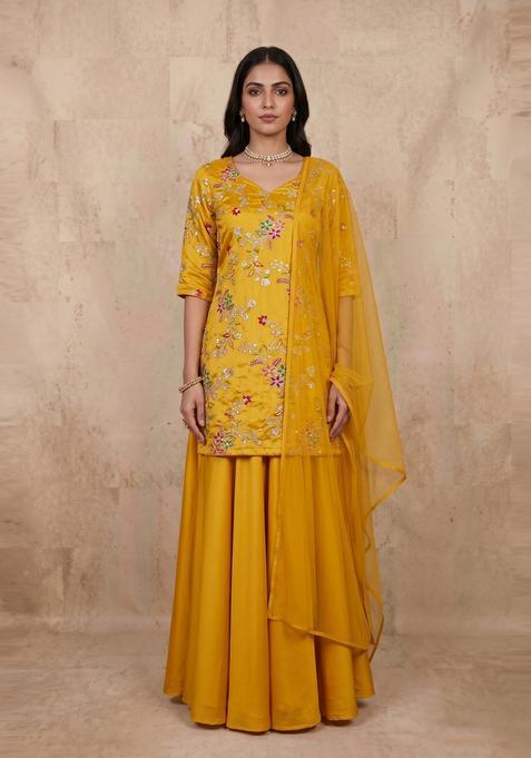 Mustard Embroidered Crepe Fusion Set
