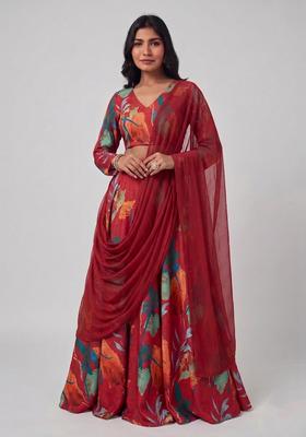 Maroon Printed Crepe Lehenga Set