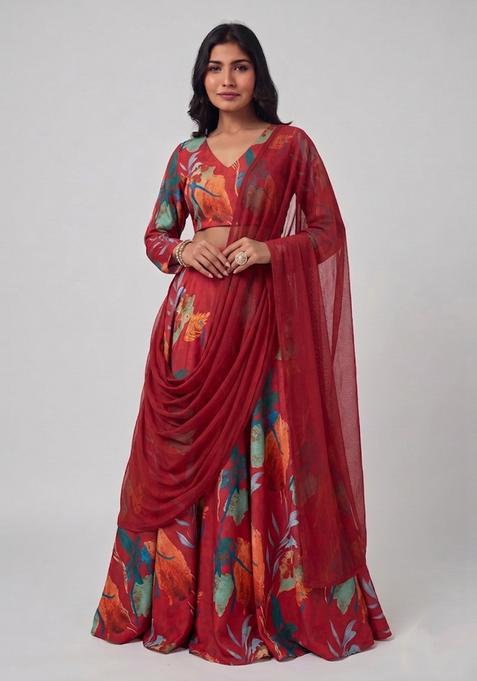 Maroon Printed Crepe Lehenga Set