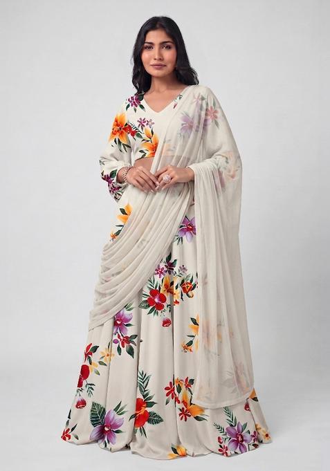 Off White Printed Crepe Lehenga Set