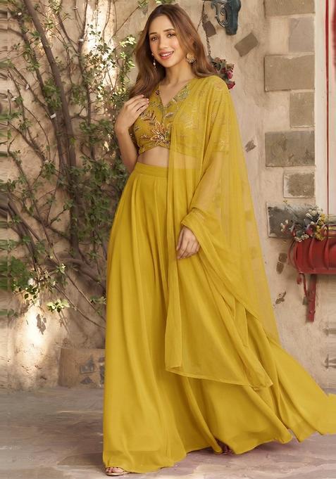 Mustard Printed Organza Lehenga Set