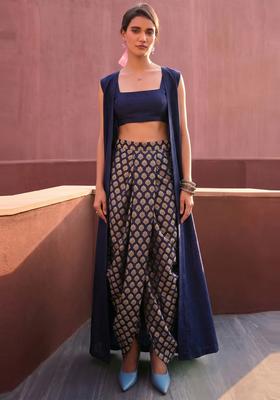 Navy Blue Brocade Fusion Set