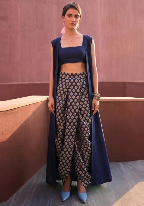 Navy Blue Brocade Fusion Set