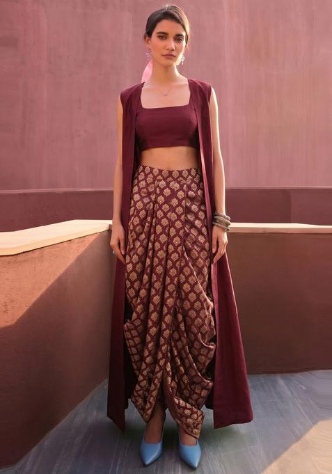 Maroon Brocade Fusion Set