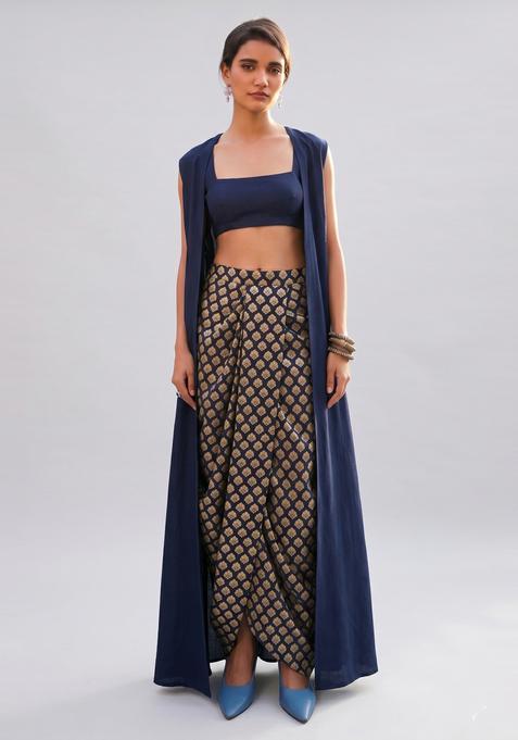 Navy Blue Brocade Fusion Set