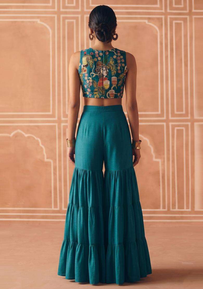 Teal Printed Crepe Sharara Set - Indya
