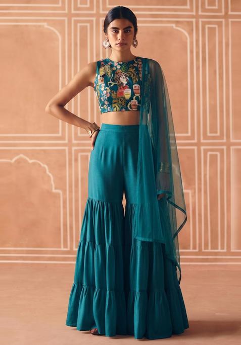 Teal Printed Crepe Fusion Set
