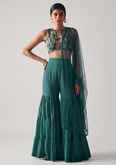 Bottle Green Printed Crepe Fusion Set