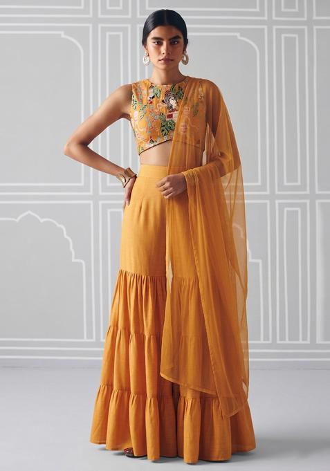 Orange Printed Crepe Fusion Set