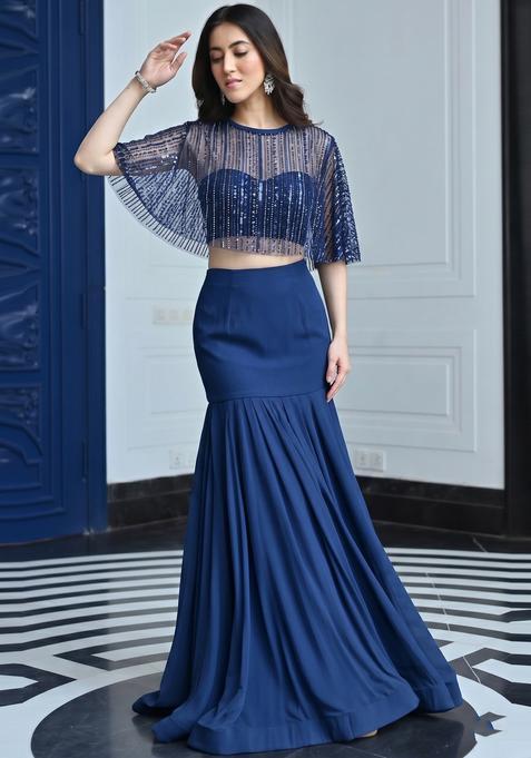 Royal Blue Sequin Net Lehenga Set