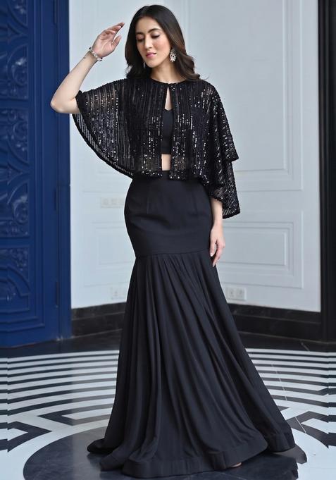 Black Sequin Net Fusion Set