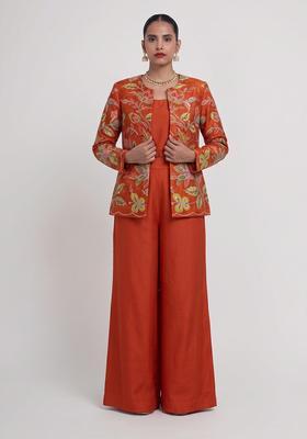 Rust Orange Printed Organza Fusion Set