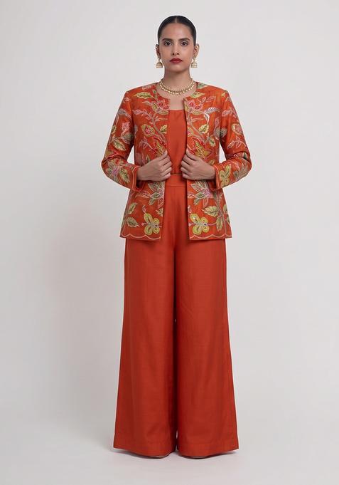 Rust Orange Printed Organza Fusion Set