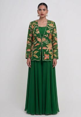 Bottle Green Printed Organza Fusion Set