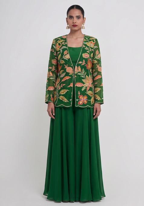 Bottle Green Printed Organza Lehenga Set