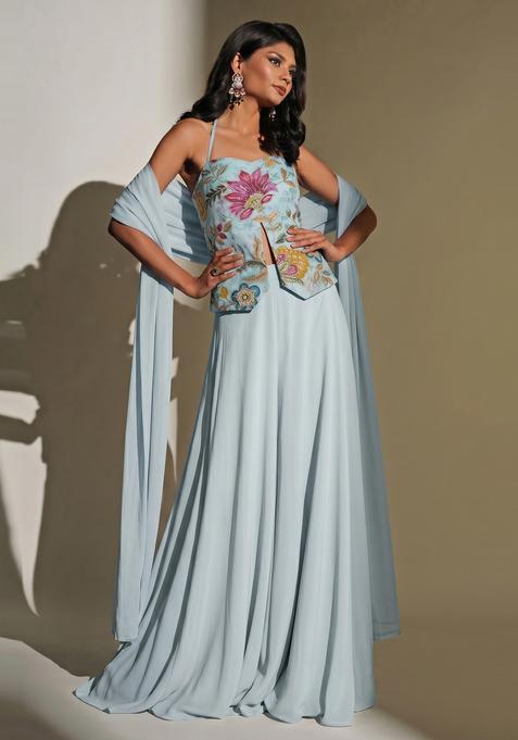 Pastel Blue Embroidered Organza Fusion Set