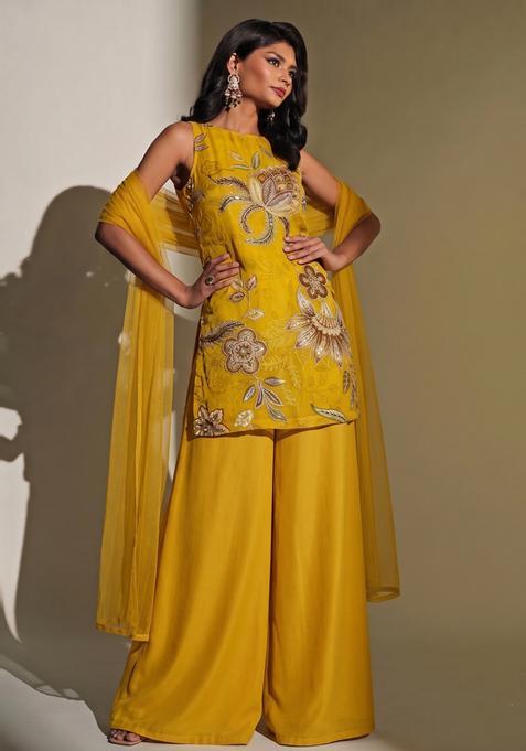 Mustard Embroidered Organza Sharara Set