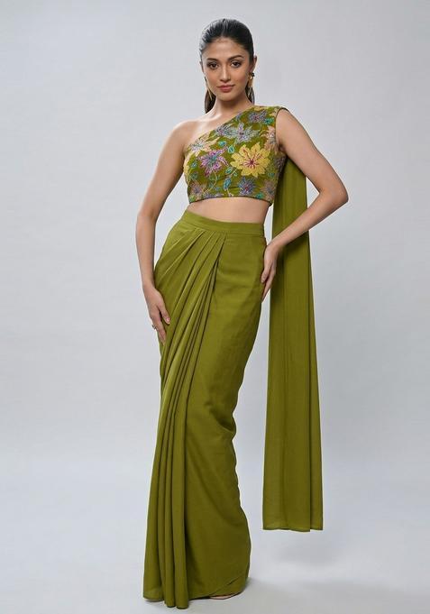 Olive Green Printed Crepe Fusion Set