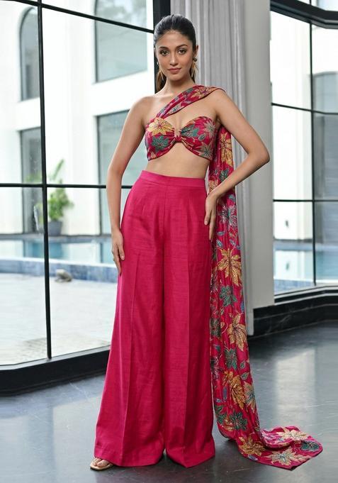 Cherry Red Printed Crepe Fusion Set