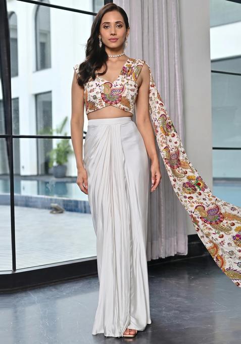 Off White Embroidered Crepe Fusion Set