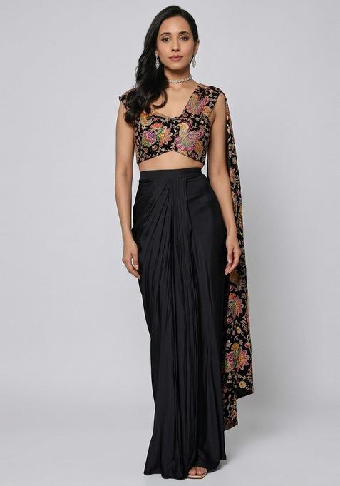 Black Embroidered Crepe Fusion Set