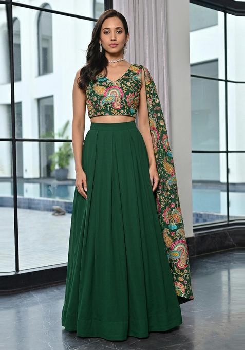 Bottle Green Embroidered Crepe Lehenga Set