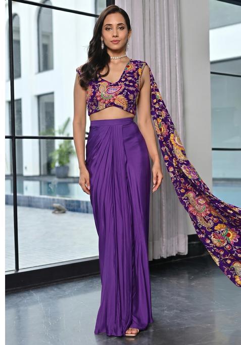 Plum Embroidered Crepe Fusion Set