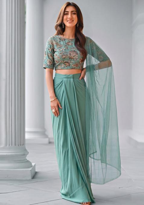 Pastel Green Printed Crepe Fusion Set