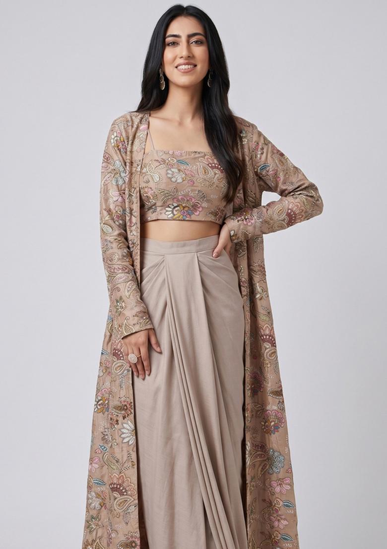Sand Beige Embroidered Crepe Fusion Set - Indya