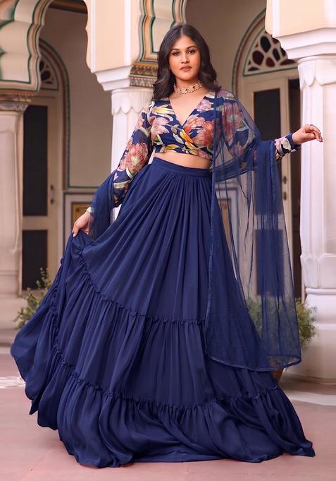 Navy Blue Printed Chinon Lehenga Set
