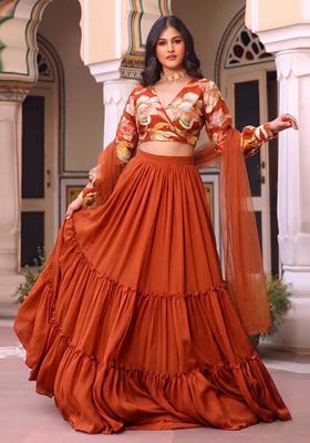 Rust Orange Printed Chinon Lehenga Set