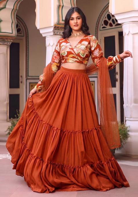 Rust Orange Printed Chinon Lehenga Set
