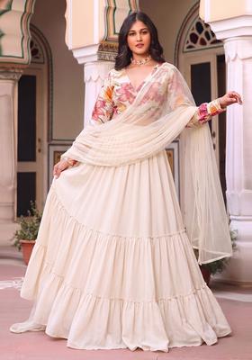 White Printed Chinon Lehenga Set
