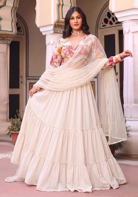 White Printed Chinon Lehenga Set